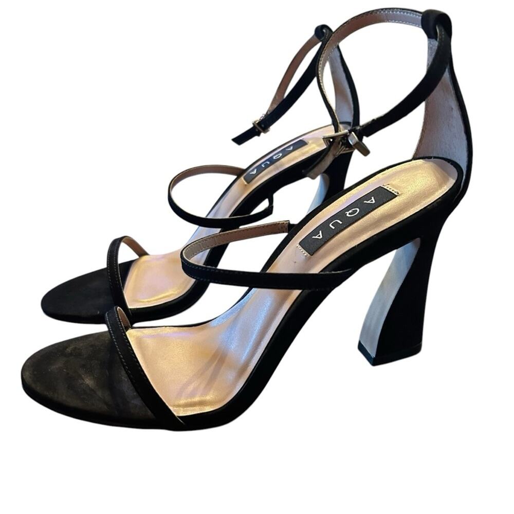 Aqua Jenni Ankle Strap Strappy Nubuck Black Flared Heels NEW Size 9
